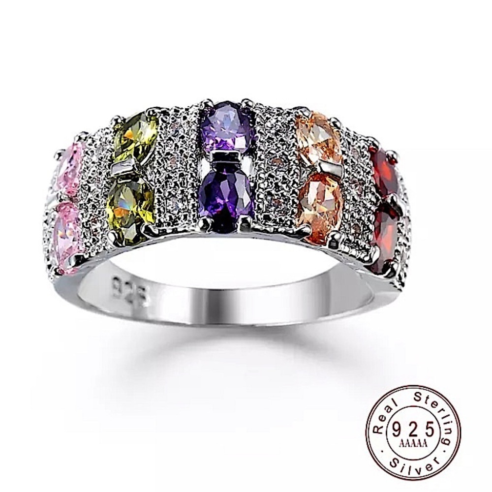 PLATINUM RAINBOW ZIRCON RING PROMISE CZ BAND RING - Picture 6 of 9